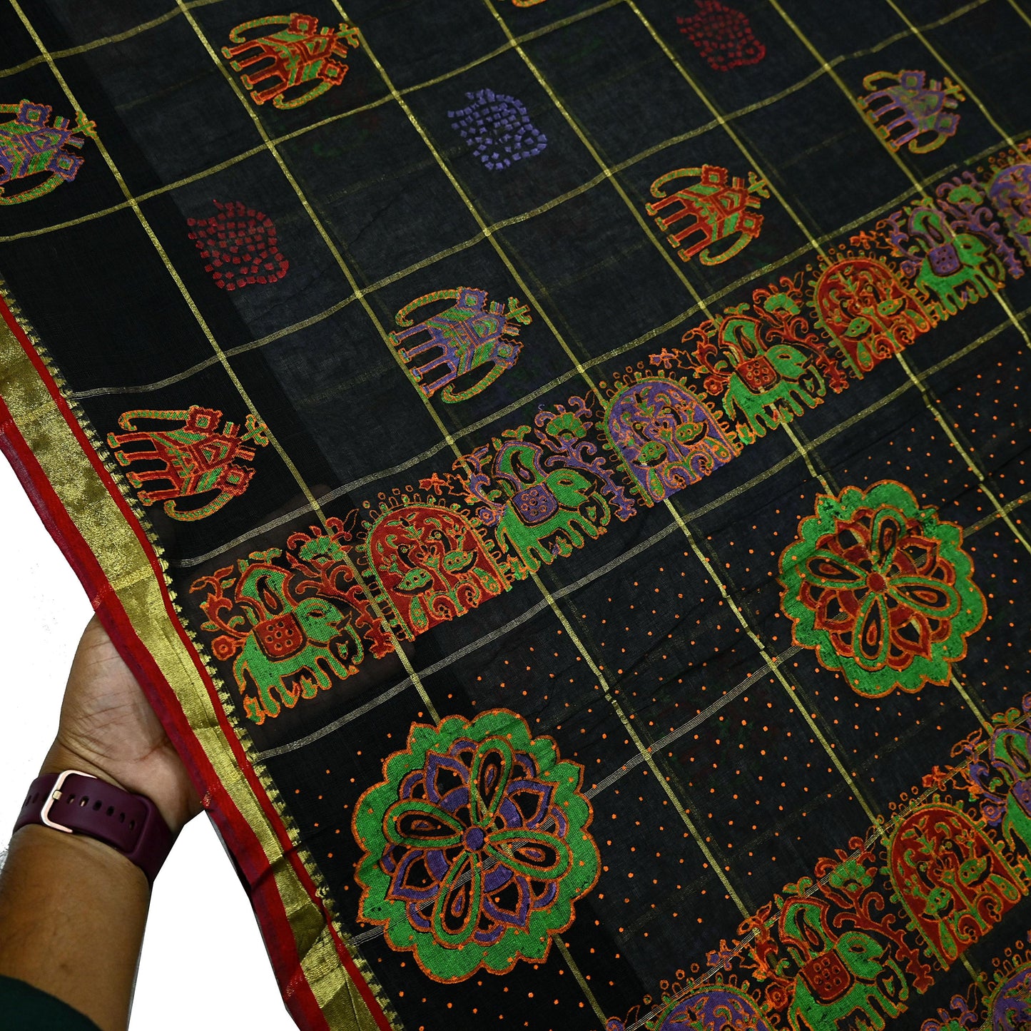 Indian Vintage Sari Black Hand Woven Painted Sarees Pure Cotton Craft Fabric 5Yd Floral Soft Dress Making Zari Border Crafting Quilting