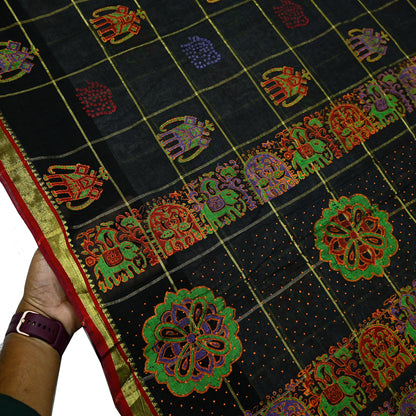 Indian Vintage Sari Black Hand Woven Painted Sarees Pure Cotton Craft Fabric 5Yd Floral Soft Dress Making Zari Border Crafting Quilting