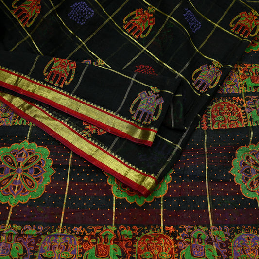 Indian Vintage Sari Black Hand Woven Painted Sarees Pure Cotton Craft Fabric 5Yd Floral Soft Dress Making Zari Border Crafting Quilting