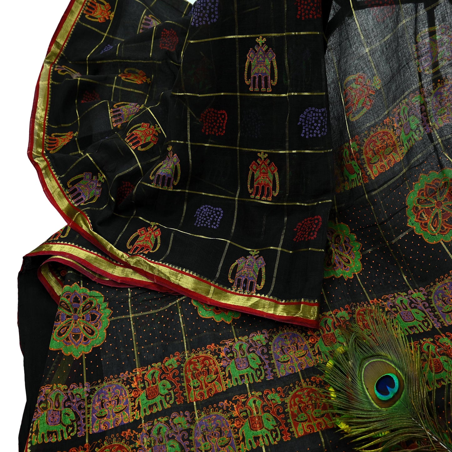 Indian Vintage Sari Black Hand Woven Painted Sarees Pure Cotton Craft Fabric 5Yd Floral Soft Dress Making Zari Border Crafting Quilting