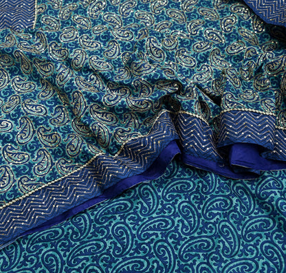Indian Vintage Sari Blue Pure Silk Hand Embroidered Sarees 5Yd Craft Fabric Sewing soft Quilting Crafting Upcycle Ethnic Bollywood sarees
