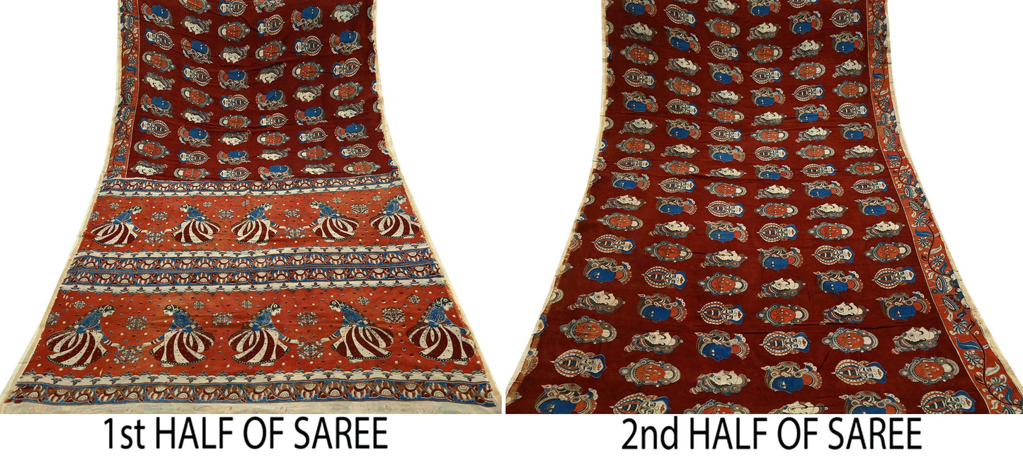 Indian Vintage Sari Pure chanderi Silk Kalamkari Print Saree Craft Fabric 5Yd Soft Zari Border Dress making bollywood silk saree Crafting