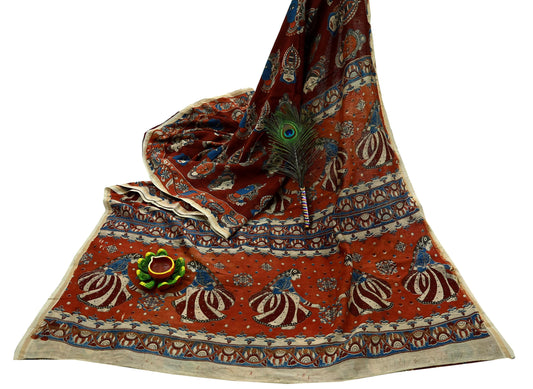 Indian Vintage Sari Pure chanderi Silk Kalamkari Print Saree Craft Fabric 5Yd Soft Zari Border Dress making bollywood silk saree Crafting