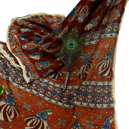 Indian Vintage Sari Pure chanderi Silk Kalamkari Print Saree Craft Fabric 5Yd Soft Zari Border Dress making bollywood silk saree Crafting