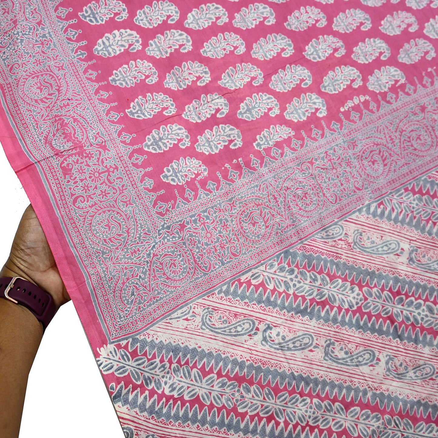 Indian Vintage Sari Pink & Gray Block Printed 100% Pure Cotton Saree Craft Fabric 5Yd Sewing Sarong Wrap Boho Dress Making Crafting Quilting