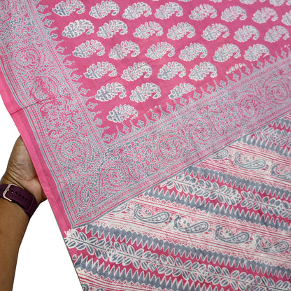 Indian Vintage Sari Pink & Gray Block Printed 100% Pure Cotton Saree Craft Fabric 5Yd Sewing Sarong Wrap Boho Dress Making Crafting Quilting