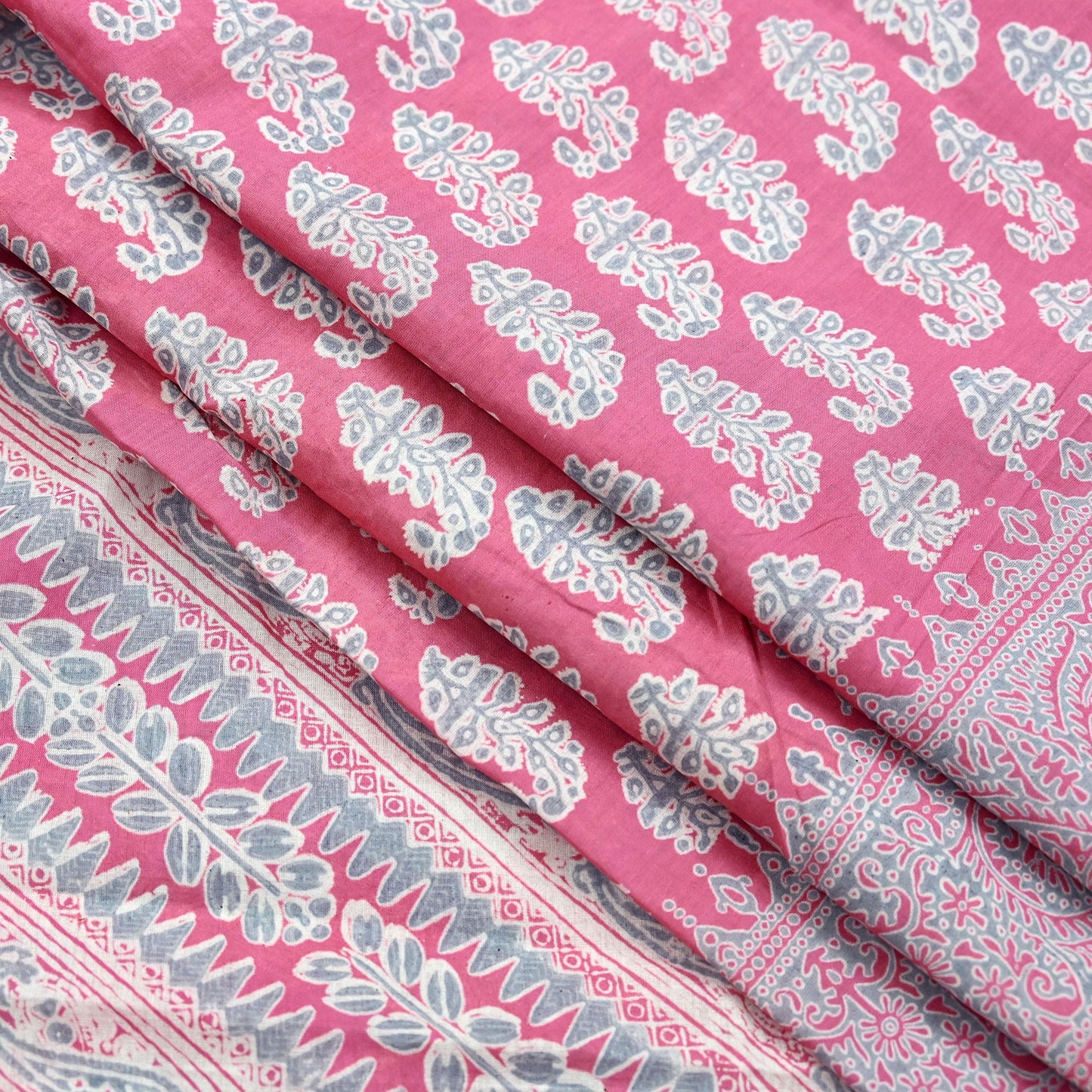 Indian Vintage Sari Pink & Gray Block Printed 100% Pure Cotton Saree Craft Fabric 5Yd Sewing Sarong Wrap Boho Dress Making Crafting Quilting