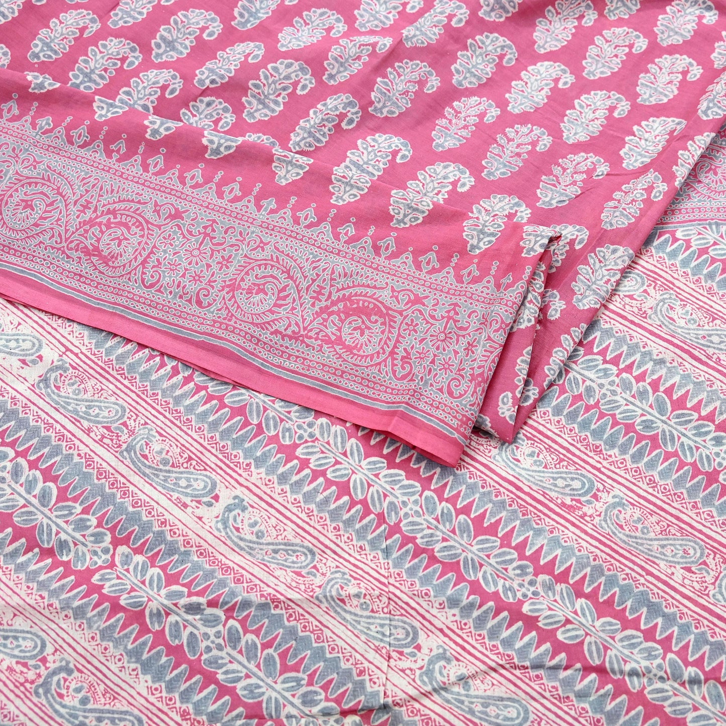 Indian Vintage Sari Pink & Gray Block Printed 100% Pure Cotton Saree Craft Fabric 5Yd Sewing Sarong Wrap Boho Dress Making Crafting Quilting
