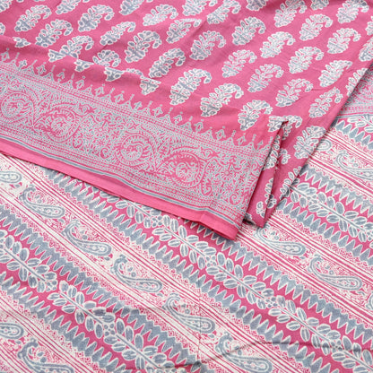 Indian Vintage Sari Pink & Gray Block Printed 100% Pure Cotton Saree Craft Fabric 5Yd Sewing Sarong Wrap Boho Dress Making Crafting Quilting