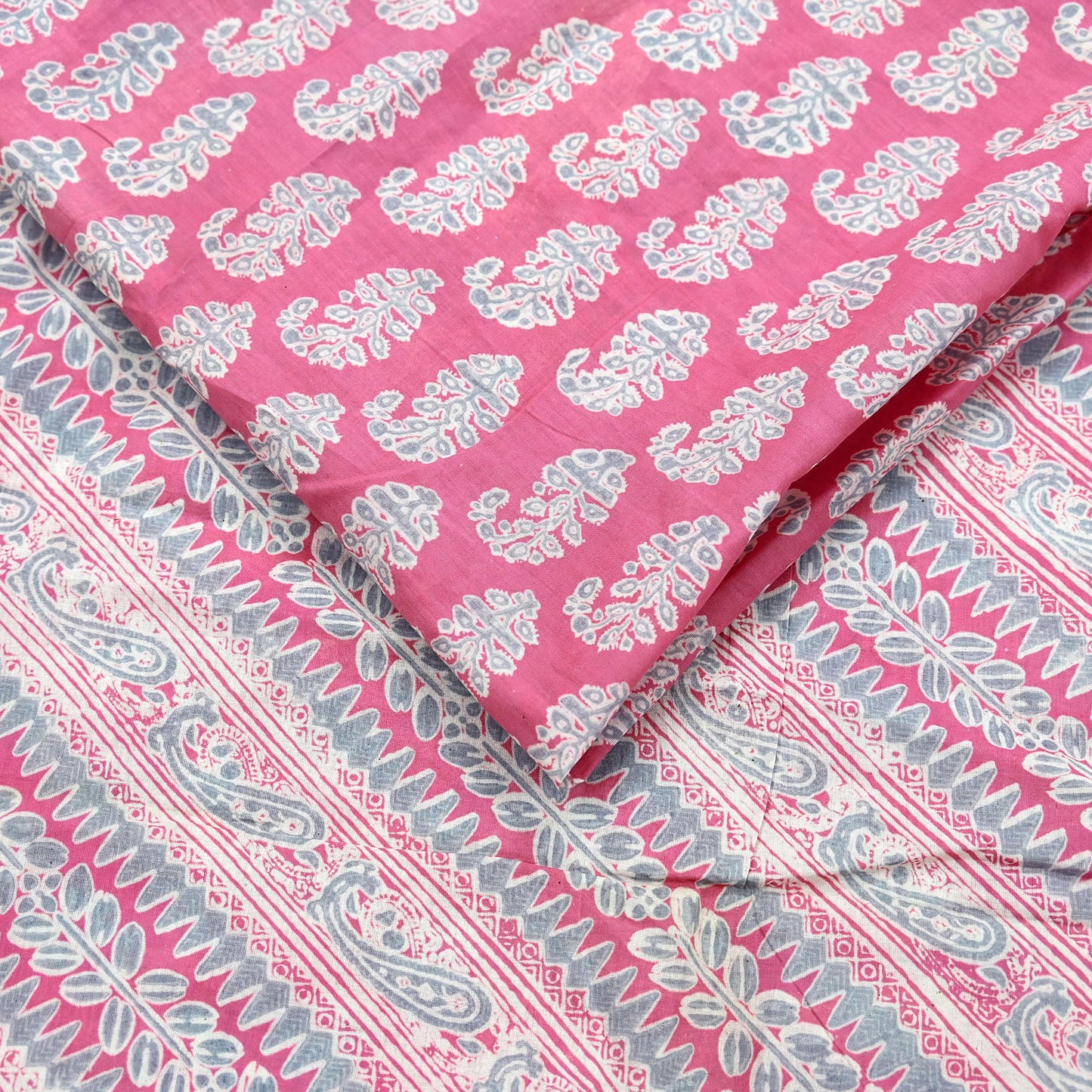 Indian Vintage Sari Pink & Gray Block Printed 100% Pure Cotton Saree Craft Fabric 5Yd Sewing Sarong Wrap Boho Dress Making Crafting Quilting