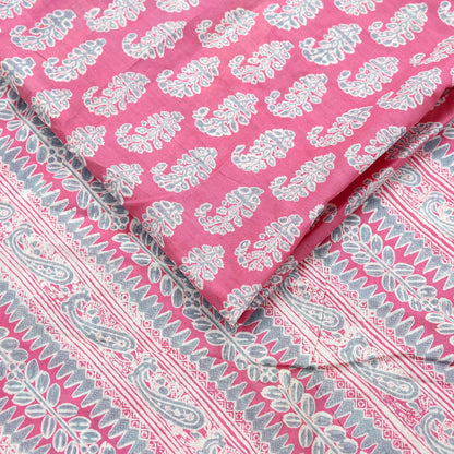 Indian Vintage Sari Pink & Gray Block Printed 100% Pure Cotton Saree Craft Fabric 5Yd Sewing Sarong Wrap Boho Dress Making Crafting Quilting