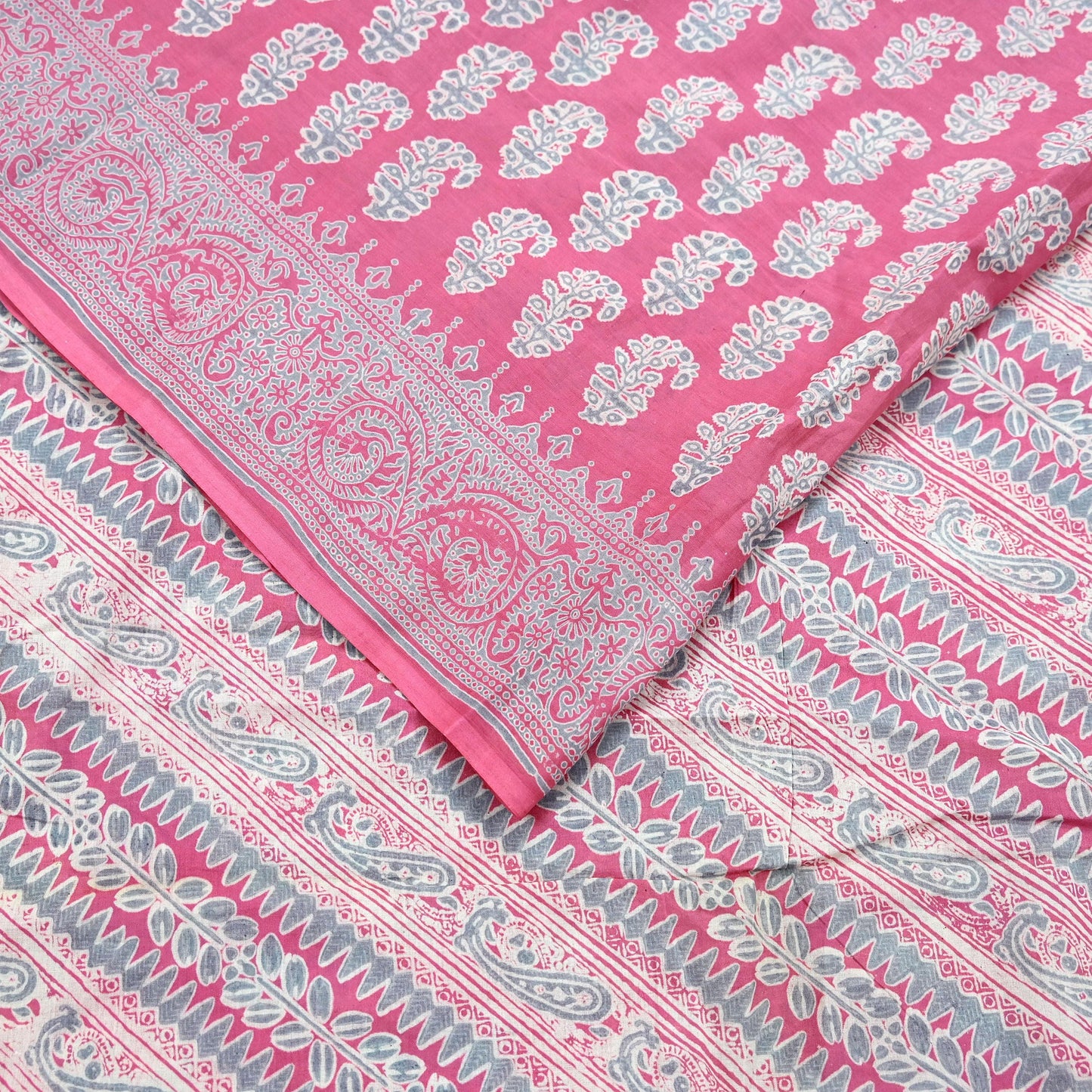 Indian Vintage Sari Pink & Gray Block Printed 100% Pure Cotton Saree Craft Fabric 5Yd Sewing Sarong Wrap Boho Dress Making Crafting Quilting