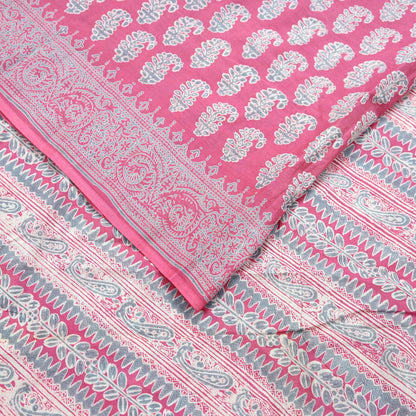 Indian Vintage Sari Pink & Gray Block Printed 100% Pure Cotton Saree Craft Fabric 5Yd Sewing Sarong Wrap Boho Dress Making Crafting Quilting