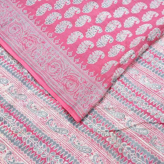 Indian Vintage Sari Pink & Gray Block Printed 100% Pure Cotton Saree Craft Fabric 5Yd Sewing Sarong Wrap Boho Dress Making Crafting Quilting