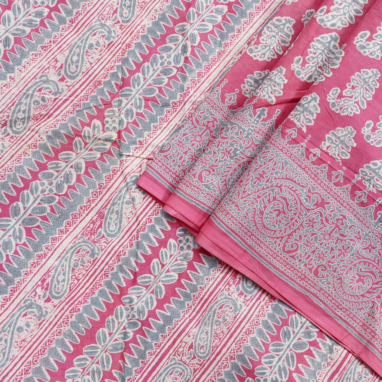 Indian Vintage Sari Pink & Gray Block Printed 100% Pure Cotton Saree Craft Fabric 5Yd Sewing Sarong Wrap Boho Dress Making Crafting Quilting