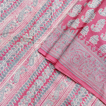 Indian Vintage Sari Pink & Gray Block Printed 100% Pure Cotton Saree Craft Fabric 5Yd Sewing Sarong Wrap Boho Dress Making Crafting Quilting