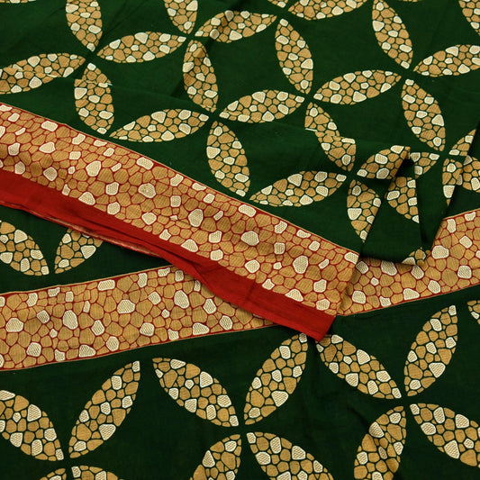 Indian Vintage Sari Green Printed Pure Cotton Sarees Fabric Floral 5Yd Sarong Wrap Boho Fabric Kimono Soft Dress making Crafting Upcycle