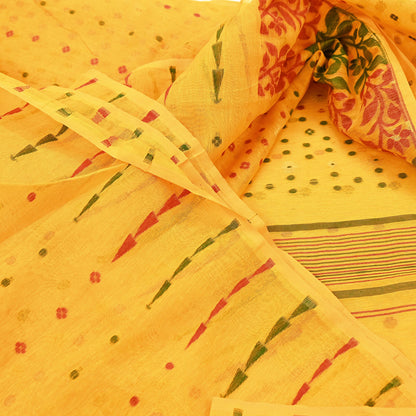 Indian Vintage Sarees Yellow Cotton Hand Woven Jamdani Sari 5yd Ethnic Floral Craft Fabric Dress making Upcycle Crafting Quilting