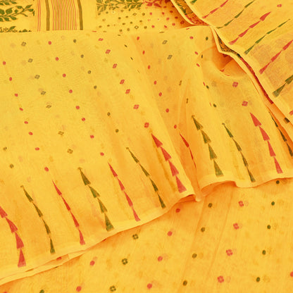 Indian Vintage Sarees Yellow Cotton Hand Woven Jamdani Sari 5yd Ethnic Floral Craft Fabric Dress making Upcycle Crafting Quilting