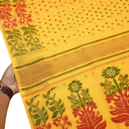 Indian Vintage Sarees Yellow Cotton Hand Woven Jamdani Sari 5yd Ethnic Floral Craft Fabric Dress making Upcycle Crafting Quilting