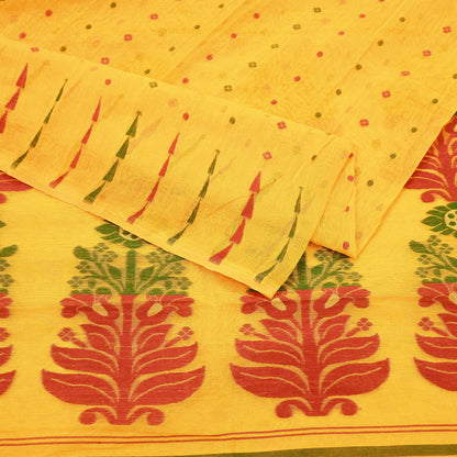 Indian Vintage Sarees Yellow Cotton Hand Woven Jamdani Sari 5yd Ethnic Floral Craft Fabric Dress making Upcycle Crafting Quilting