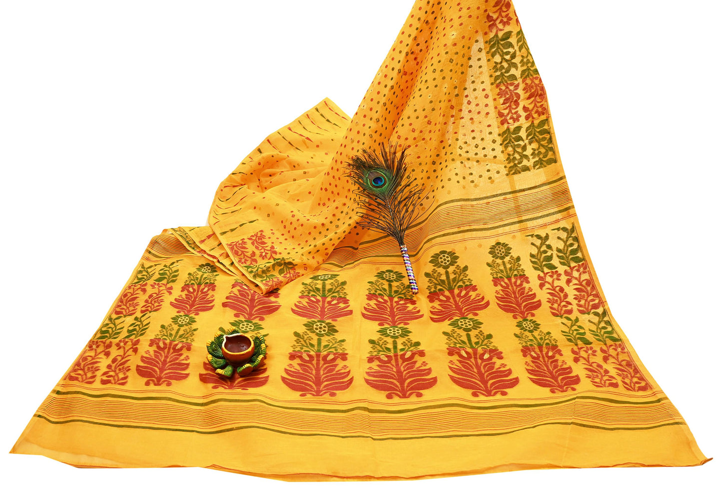 Indian Vintage Sarees Yellow Cotton Hand Woven Jamdani Sari 5yd Ethnic Floral Craft Fabric Dress making Upcycle Crafting Quilting
