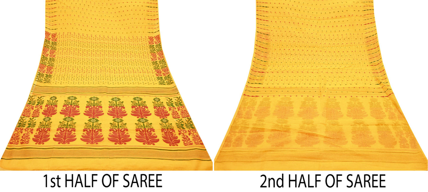 Indian Vintage Sarees Yellow Cotton Hand Woven Jamdani Sari 5yd Ethnic Floral Craft Fabric Dress making Upcycle Crafting Quilting
