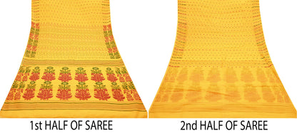 Indian Vintage Sarees Yellow Cotton Hand Woven Jamdani Sari 5yd Ethnic Floral Craft Fabric Dress making Upcycle Crafting Quilting