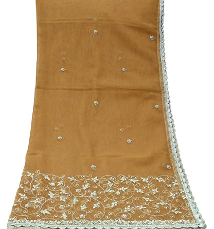 Indian Vintage Beige Dupatta Net Mesh Long Stole Hand Embroidered Scarves Golden Zardozi Zari Sequins Hijab Veil wrap Boho