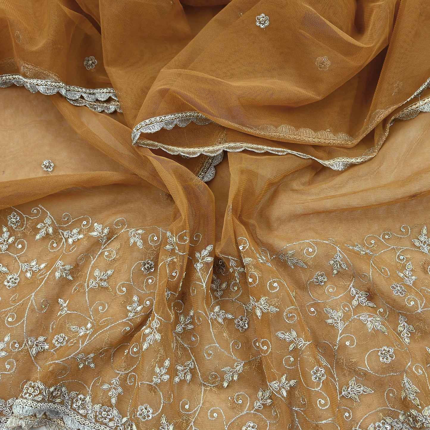 Indian Vintage Beige Dupatta Net Mesh Long Stole Hand Embroidered Scarves Golden Zardozi Zari Sequins Hijab Veil wrap Boho
