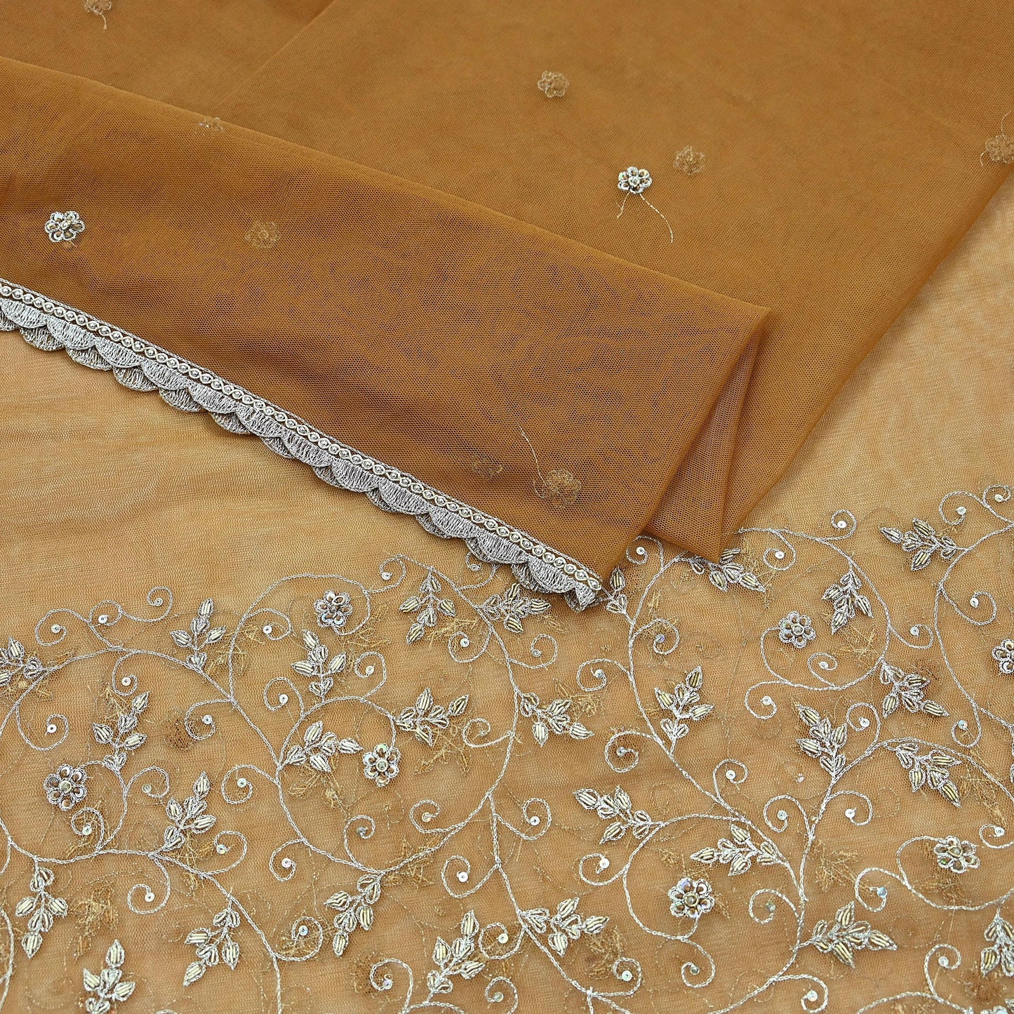 Indian Vintage Beige Dupatta Net Mesh Long Stole Hand Embroidered Scarves Golden Zardozi Zari Sequins Hijab Veil wrap Boho