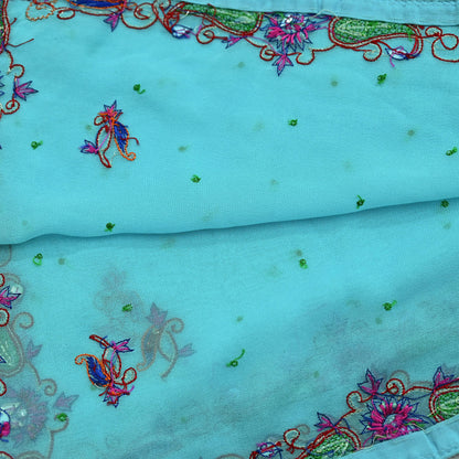 Indian Vintage Blue Dupatta Pure Georgette silk Long Stole Hand Embroidered Scarves Stole Veil Wrap Sequins Dabka/ Zardozi