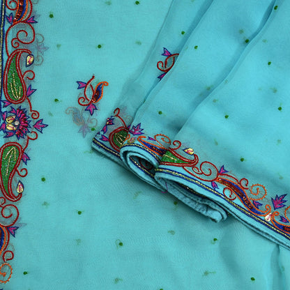 Indian Vintage Blue Dupatta Pure Georgette silk Long Stole Hand Embroidered Scarves Stole Veil Wrap Sequins Dabka/ Zardozi