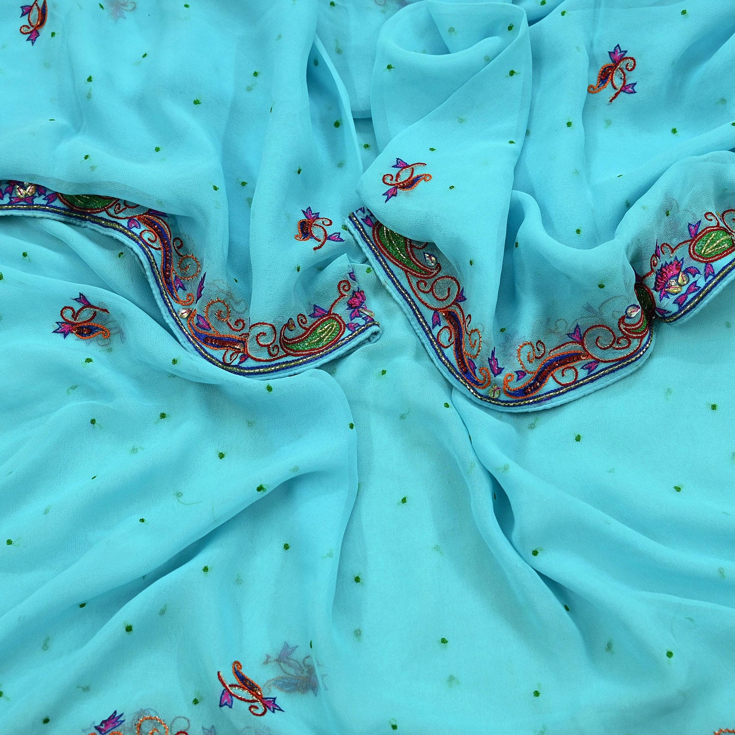 Indian Vintage Blue Dupatta Pure Georgette silk Long Stole Hand Embroidered Scarves Stole Veil Wrap Sequins Dabka/ Zardozi