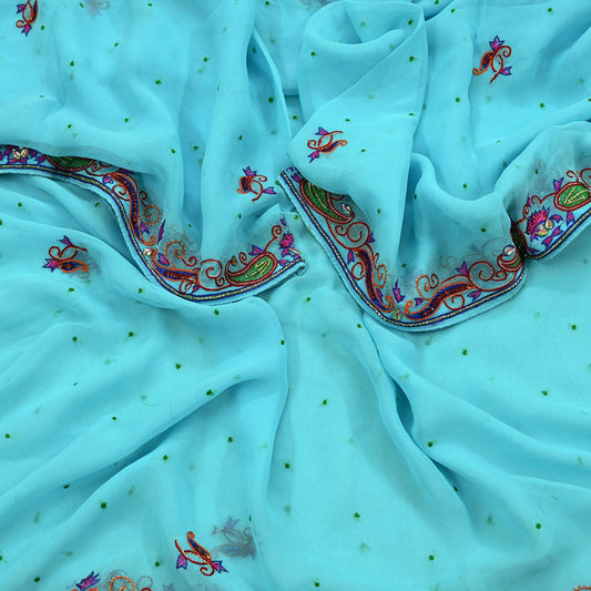 Indian Vintage Blue Dupatta Pure Georgette silk Long Stole Hand Embroidered Scarves Stole Veil Wrap Sequins Dabka/ Zardozi