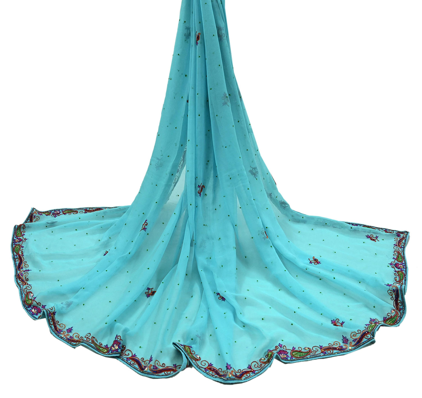 Indian Vintage Blue Dupatta Pure Georgette silk Long Stole Hand Embroidered Scarves Stole Veil Wrap Sequins Dabka/ Zardozi