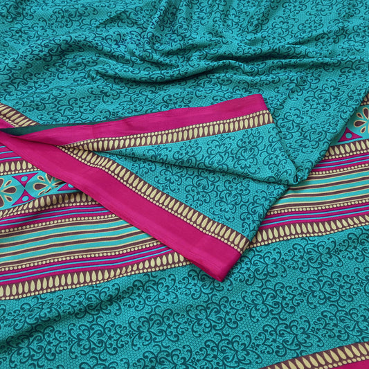 Indian Vintage Moss Crepe Saree | Printed Floral Sari Fabric | 6 Yards | Soft Craft Fabric for Sewing, Dressmaking, Quilting,Upcycling