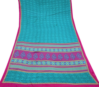 Indian Vintage Moss Crepe Saree | Printed Floral Sari Fabric | 6 Yards | Soft Craft Fabric for Sewing, Dressmaking, Quilting,Upcycling