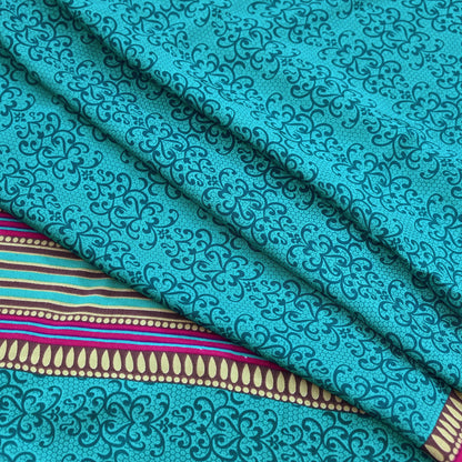 Indian Vintage Moss Crepe Saree | Printed Floral Sari Fabric | 6 Yards | Soft Craft Fabric for Sewing, Dressmaking, Quilting,Upcycling