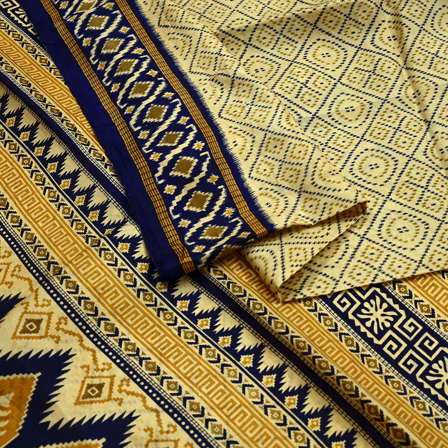 Vintage Sari Beige & Blue Pure Silk Printed Saree Fabric 5yard Sewing Soft Dress Designing for Crafting Quilting Upcycle Soft