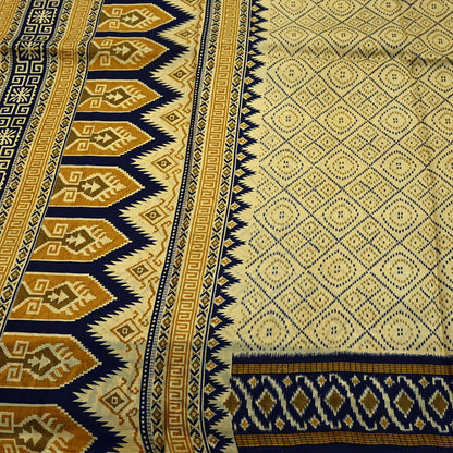 Vintage Sari Beige & Blue Pure Silk Printed Saree Fabric 5yard Sewing Soft Dress Designing for Crafting Quilting Upcycle Soft