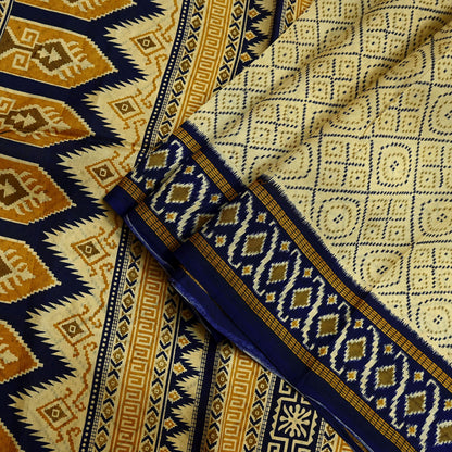 Vintage Sari Beige & Blue Pure Silk Printed Saree Fabric 5yard Sewing Soft Dress Designing for Crafting Quilting Upcycle Soft