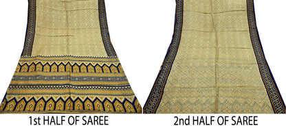 Vintage Sari Beige & Blue Pure Silk Printed Saree Fabric 5yard Sewing Soft Dress Designing for Crafting Quilting Upcycle Soft