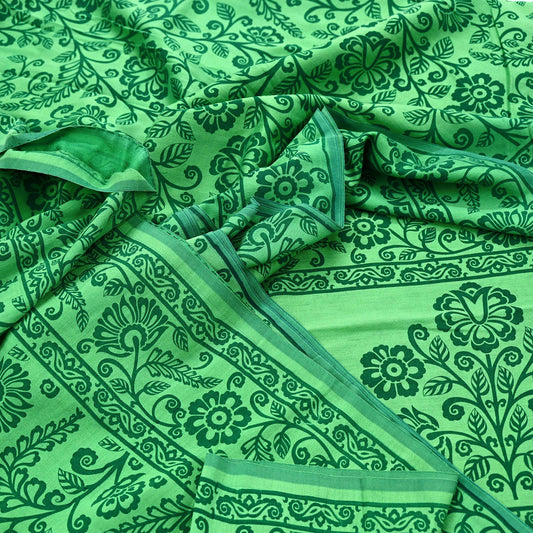 Indian Vintage Sari Green Block Printed Pure Cotton Saree Soft Floral 5Yd Sarong Wrap Boho Fabric Kimono Soft
