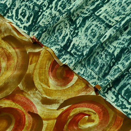 Indian Vintage Green Pure Crepe Silk Saree | Abstract Print | 5 Yards | Soft Sewing Fabric for Dressmaking, Quilting, Crafting & Upcycling