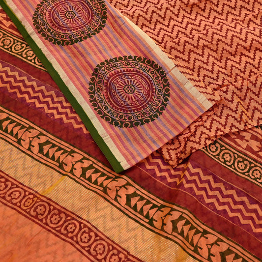 Indian Vintage Sari Peach Printed Chanderi Cotton Craft Fabric 5Yd Sewing Zigzag Soft Dress Making Bollywood sarees Crafting Zari