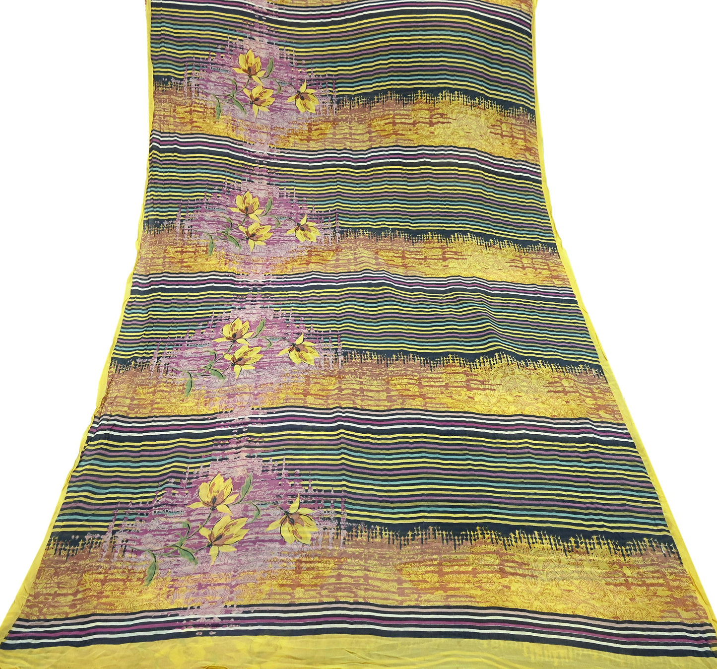 Women Vintage Sari Yellow & Multi 100% Pure Georgette Silk Printed Saree Craft Fabric Sewing 6Yd Soft Dress Making Quilting Upcycle