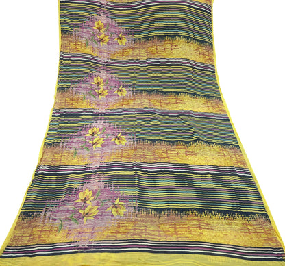 Women Vintage Sari Yellow & Multi 100% Pure Georgette Silk Printed Saree Craft Fabric Sewing 6Yd Soft Dress Making Quilting Upcycle