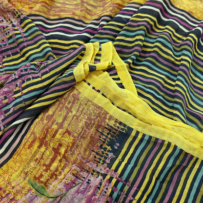 Women Vintage Sari Yellow & Multi 100% Pure Georgette Silk Printed Saree Craft Fabric Sewing 6Yd Soft Dress Making Quilting Upcycle