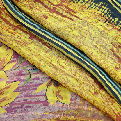 Women Vintage Sari Yellow & Multi 100% Pure Georgette Silk Printed Saree Craft Fabric Sewing 6Yd Soft Dress Making Quilting Upcycle